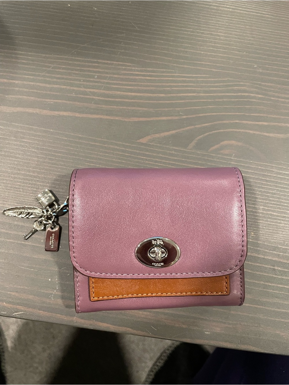 Coach Purple Leather Small Wallet with Brown Trim and Silver Hardware